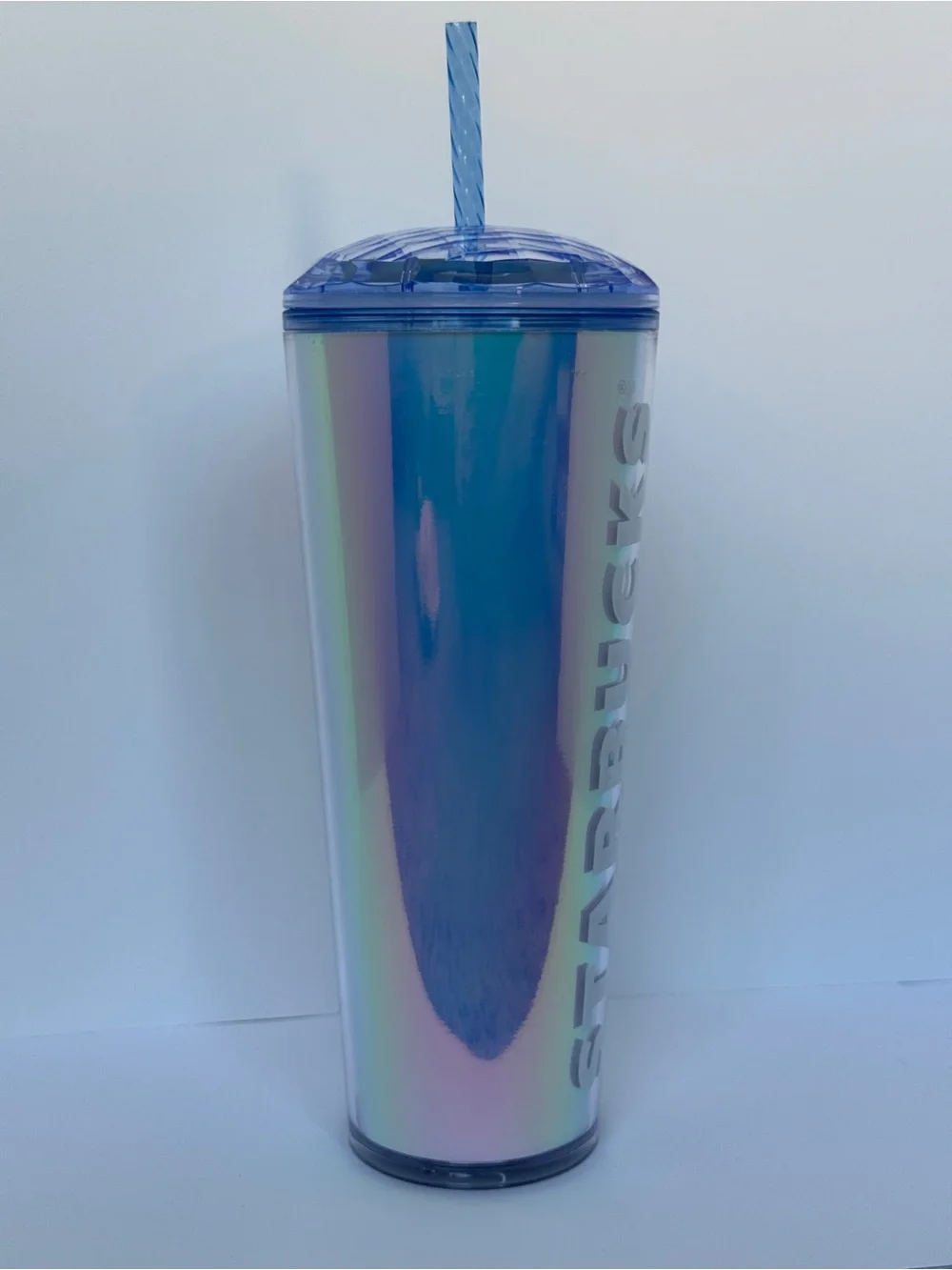 Starbucks Iridescent Pearl Blue Tumbler with Blue Dome Style Lid and Straw